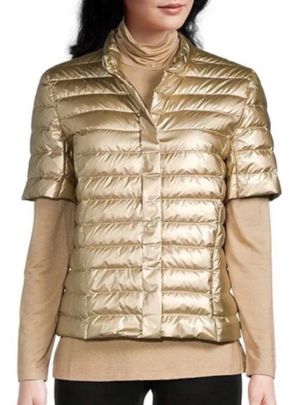 J. McLaughlin Gold Metallic Short Sleeve Down Puffer Sarabeth Jacket